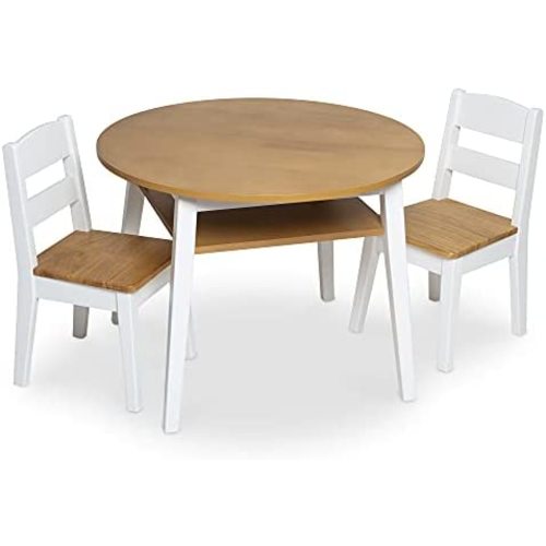 Melissa & Doug Wooden Round Table & 2 Chairs Set – Kids Furniture for Playroom, Light Woodgrain & White 2-Tone Finish - Two-Tone Round Wooden Toddler & Kids Table & Chairs Activity Furniture Set