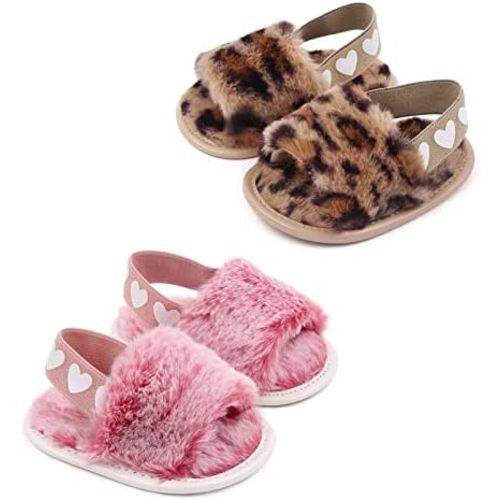 2 Pack Infant Baby Girls Sandals Elastic Back Strap Flats Slippers Soft Toddles Princess Shoes Faux Fur Slides Shoes First Walker House Shoes