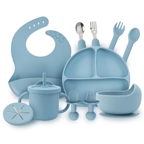 Baby Silicone Feeding Set, 13PCS Baby Self Feeding Set, Toddler Led Weaning Utensils Sets with Suction Bowl and Plate, 3 Set of Baby Spoons and Forks, Adjustable Bid, Sippy Cup with Straw and 2 Lids