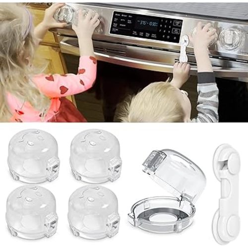 Childproof Stove Knob Covers, Oven Knob Covers for Child Safety 5+1 Pack,Clear Stove Knob Safety Covers & Gas Stove Locks, Heat-Resistant Adhesive,Double-Key Baby Proof Covers for Gas/Electric Burners