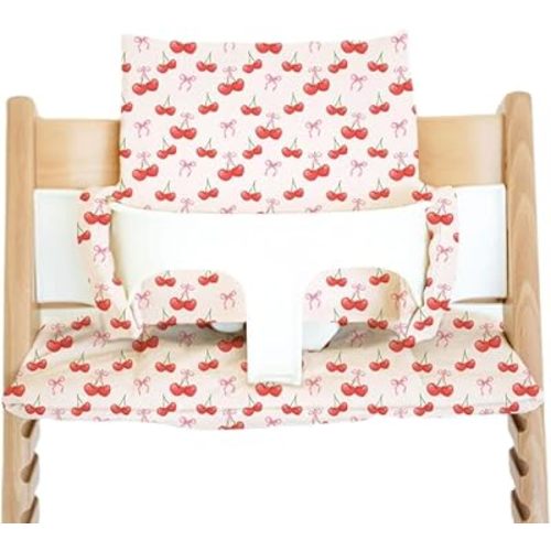 Nibble and Rest Cushion for Stokke Tripp Trapp High Chairs, Soft Padded Seat & Backrest, Baby Set Compatible, Wipeable, Machine Washable, Easy to Clean, Stylish Print(Cherries & Ribbons)