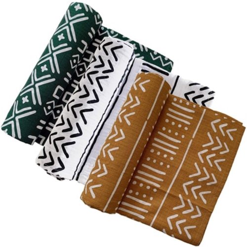 Muslin Swaddle 3-Pack: Forest, White, & Ochre Mudcloth