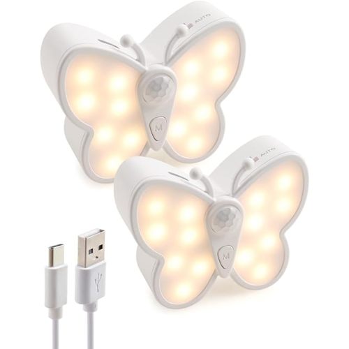 DAMI Motion Sensor Night Light, 2-Pack Butterfly-Shaped LED Lights, Rechargeable 1200mAh, Dimmable, White, Indoor Use Only