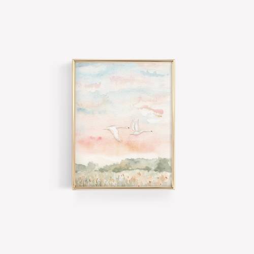 Swan Watercolor Painting Art Print of Two Swans Flying Cotton Candy Color Sunrise Watercolor Art Swan Wall Art For Baby Nursery Pink Décor