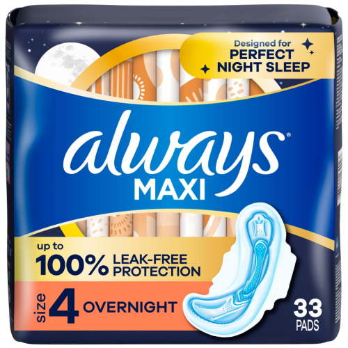 Always Maxi Overnight Pads with Wings, Size 4, 33 Count HSA/FSA Eligible