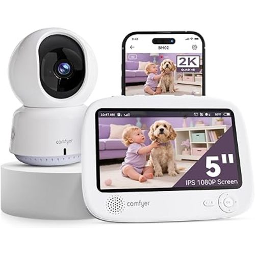 Smart WiFi Baby Monitor - 5" 1080P Split Screen & 2K Camera App Control, Motion Alerts, HD Night Vision, 5050mAh Battery, 2-Way Talk, Multi-User, Triple Security, 1600ft Range