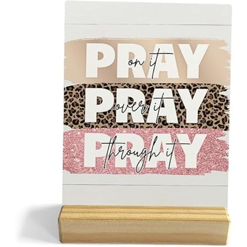 Pray Quote Desk Decor Rustic Plaque with Wood Stand, Colorful Leopard Print Pray on It Christian Decor, Decorative Wood Sign for Home Office Shelf Decor