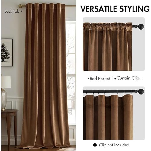 Woaboy Back Tab & Rod Pocket Velvet Curtains 84 Inches Long 2 Panels Set, Brown Classical Thermal Insulated Light Blocking Window Drapes for Bedroom Living Room Nursery Privacy, W52 x L84