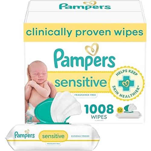 Pampers Baby Wipes, Sensitive, Water Based Wipe, Clinically Proven, Hypoallergenic, and Unscented for Babies, 1008 Wipes Total (12 Flip-Top Packs) [Packaging May Vary]