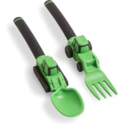 Dinneractive Utensil Set for Kids – Construction Themed Toddler Forks and Spoons, Toddler Utensils – 2-Piece Set – Green Construction Utensils for Toddlers - Loader & Tractor Toddler Spoons and Forks