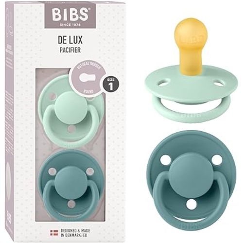 BIBS De Lux Baby Pacifier 2-Pack | Made in Denmark | BPA Free Dummy Soother, Round Nipple. Natural Rubber Latex, Size 1 (0-6 Months), Nordic Mint/Island Sea