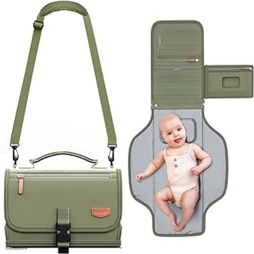 Portable Diaper Changing Pad with Shoulder Strap, Detachable Travel Changing Pad with Baby Wipes Pocket, Gifts for Baby Shower, Newborn Girls and Boys (Army Green)