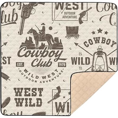 Baby Play Mat Playpen Mat Western Cowboy Club Printed, Baby Crawling Mat with Non-Slip Bottom West Wild Foldable Playmat 50x50in for Indoor Outdoor