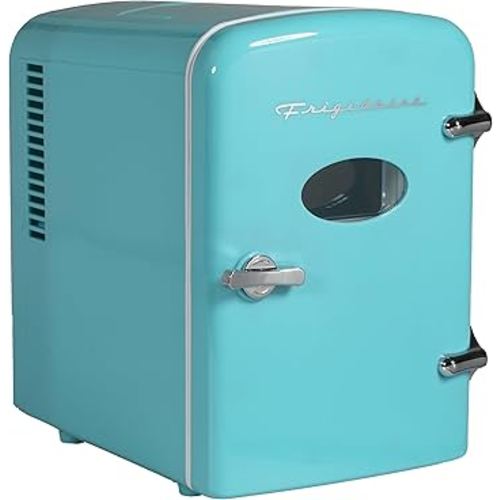 Frigidaire EFMIS137-BLUE Retro Mini Personal Fridge Cooler, Holds up to 6 Cans, Portable for Car, Office, Bedroom, Dorm Room, or Cabin, AC and DC input, BLUE
