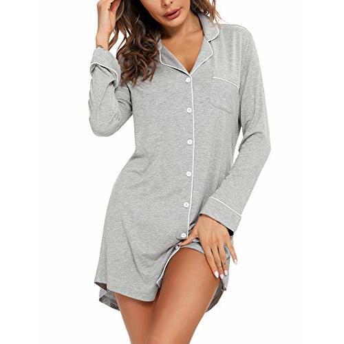 Samring Pajama Nightgown for Women Short/Long Sleeve Button Down Nightwear Top Boyfriend Sleep Shirts Nightdress S-XXL