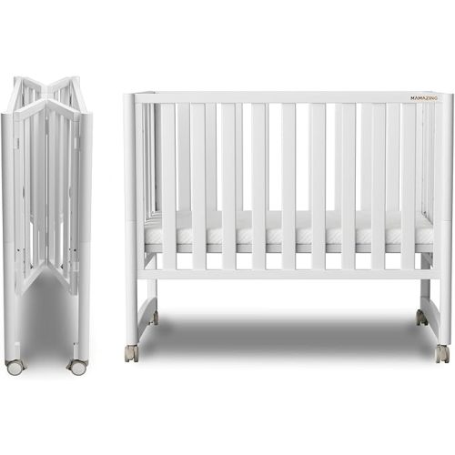 MAMAZING EvoNook 6-in-1 Convertible Mini Crib, 100% New Zealand Solid Wood, 4 Adjustable Mattress Heights, Crib with Mattress, GREENGUARD Gold Certified,White