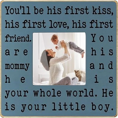 New Mom Gifts for Women, Mothers Day Gifts from Son | Boy Mom Picture Frame, Sentimental Birthday Gift for Mom | Fits 4x4 Photo, Rustic Farmhouse Home & Desk Decor