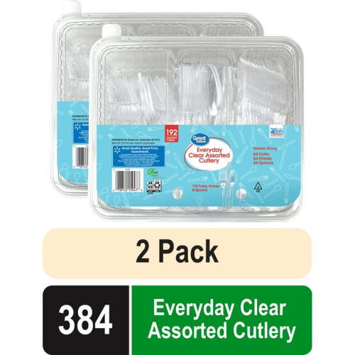 (2 pack) Great Value Plastic Everyday Clear Assorted Cutlery, 192 Count