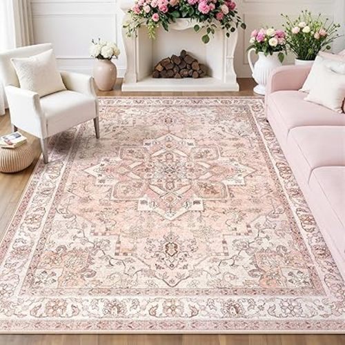 Dadasgk Pink 5x7 Rugs for Living Room Nursery, Vintage Washable Area Rug with Non-Slip Backing, Cute Indoor Low Pile Soft Carpet for Bedroom Dining Room, Blush Pink