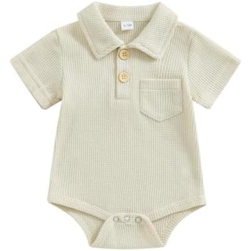 Lesimsam Newborn Baby Boy Clothes Waffle Knit Button Up Shirt Romper Solid Short Sleeve Collared Bodysuit One-Piece Outfit