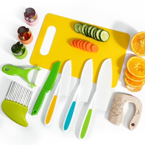 Kids Kitchen Knife Set, 11 Pieces Montessori Kitchen Tools for Toddlers' Real Cooking, include Plastic & Wood Kid Knives, Crinkle Cutter, Sandwich Cutters, Peeler, Cutting Board for Birthday Present