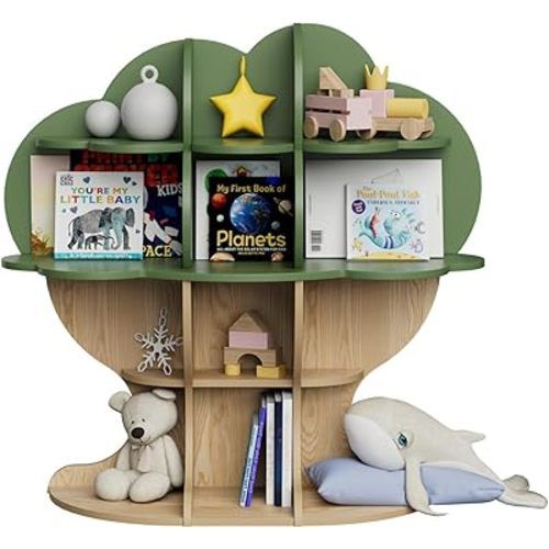 NACHES Tree Bookcase for Kids, 4-Tier Montessori Toddler Bookcase for Children's Nursery, Bedroom, Playroom, FSC Certified, Dark Green + Natural Wood