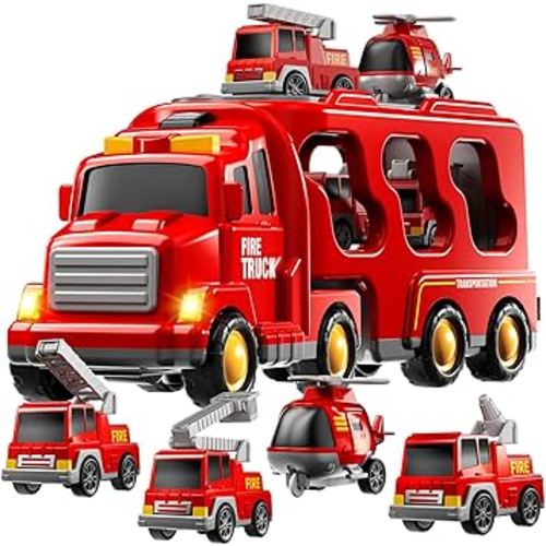 TEMI Fire Trucks Boy Toys for Toddlers 3-5 Year Old - Firetruck Toys for Kids 3 4 5 6 7, Transport Vehicle Carrier Set, Birthdays Gifts for Kids Girls Aged 4-6