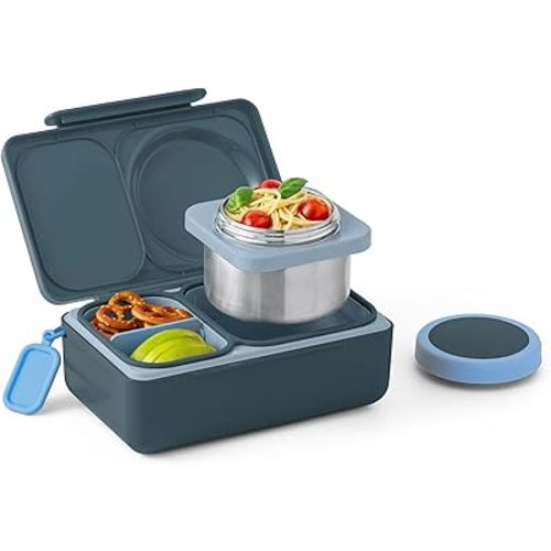 OmieBox UP bento Box for Kids | Insulated Lunch Box | Leak Proof Thermos Food jar | Cooler ice Pack | 2 Compartments (Graphite)