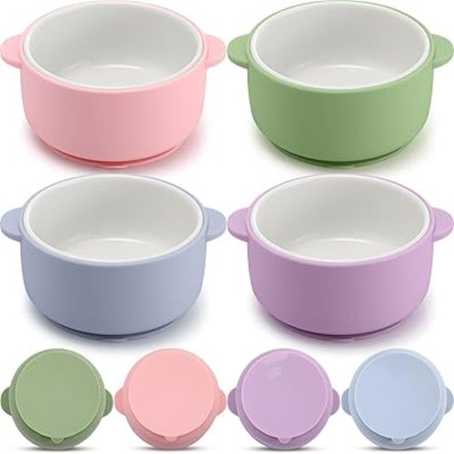 Domensi 4 Sets Kids Porcelain Bowls with Silicone Suction Sleeves Toddler Suction Bowls Baby Bowl Microwave Dishwasher Safe Cereal Soup Snack Dishes for Children Food Feeding Supplies (Macaron Colors)