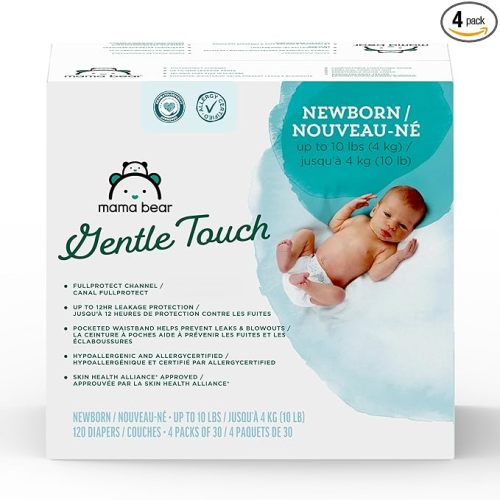 Amazon Brand - Mama Bear Gentle Touch Diapers, Hypoallergenic with Leak Protection, Size Newborn, 120 Count (4 packs of 30)