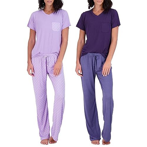Real Essentials 2 Pack: Women's Pajama Set - Choose from Short Sleeve with Pocket or Long Sleeve without Pocket