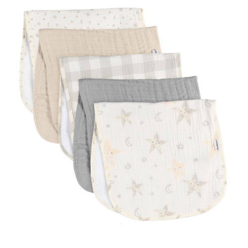 Gerber Baby Unisex Muslin Burp Cloths 5-Pack, Multi Stars, Large Size 20" x 10"