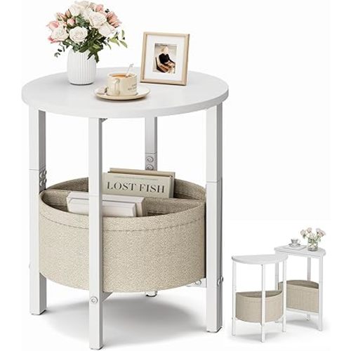 VAGUSICC Small Round Side Table End Table with Storage Basket, Tall Accent Coffee Table Round Nightstand, Set of 2 Half Round Tables Half Moon Tables, Sofa Bedside Table for Living Room Bedroom, White