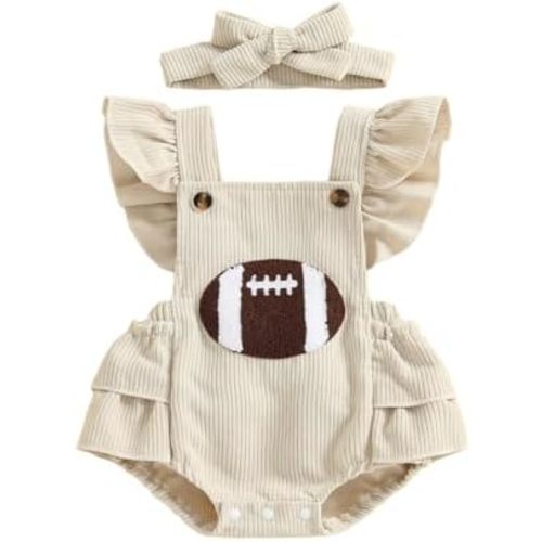 Newborn Baby Girl Outfit Football Embroidery Ruffle Romper Corduroy Bodysuit Jumpsuit Infant Game Day Clothes