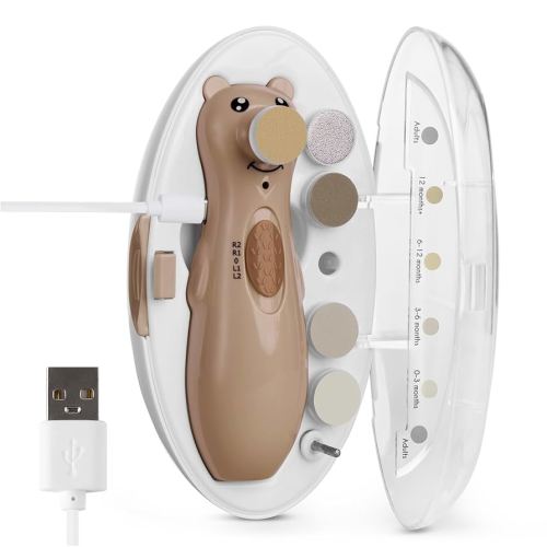 haakaa Happii Bear Baby Nail File Electric Nail Trimmer with LED Light, Rechargeable Baby Nail Clippers for Newborn/Adults Toes and Fingernails, Additional Replacement Heads & Charging Cable, Toffee