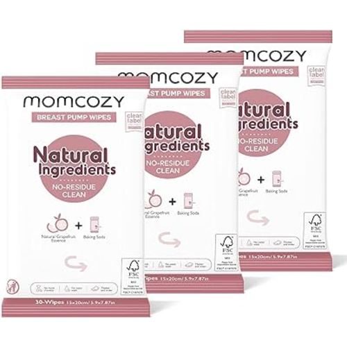Momcozy Natural Breast Pump Wipes for Pump Parts Cleaning On-the-go, 30 Count (Pack of 3), Flash Clean & Resealable Pump Wipes