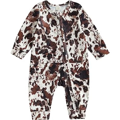 FIOMVA Newborn Western Baby Boy Clothes Highland Cow Print Onesie Jumpsuit Fall Outfit Zipper Cowboy One Piece Romper