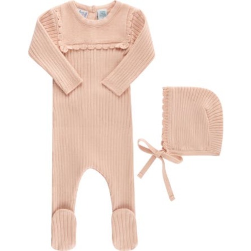 Ruffled Yoke Rib Footie & Bonnet Set, 3-6M