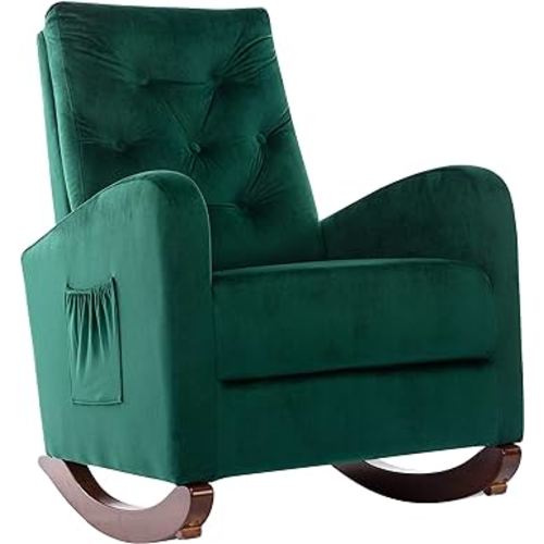 Rocking Chair Nursery, High Backrest Upholstered Velvet Glider Chair with Rubber Wood Legs & Side Pocket,Rocker Armchair for Livingroom,Bedroom,Lounge,Babyroom