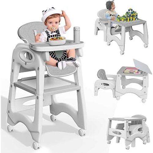 5 in 1 High Chairs for Babies and Toddlers, Multifunctional Infant High Chair, Safe & Ergonomic Convertible Highchair with Removable Seat & Tray, Lockable Wheels & 5 Point Belt(Gray)