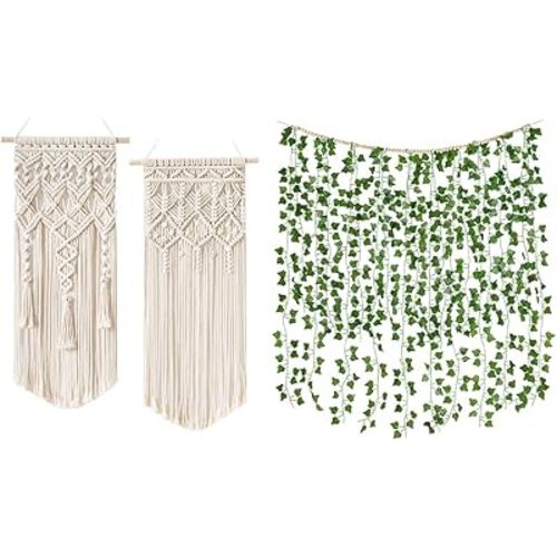 Mkono 2 Pcs Macrame Woven Wall Hanging and Fake Ivy Leaves Vines Boho Art Decor for Bedroom Home Living Room Kitchen Office Decor, Set of 3