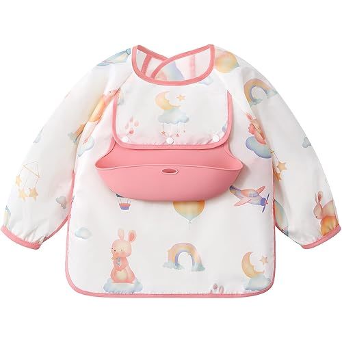 Long Sleeve Bib with Silicone Catch Pocket, Waterproof Feeding Bibs for Toddlers, Machine Washable, Baby Smock Bib for Mealtime & Playtime (6-12 Months, Rabbit)