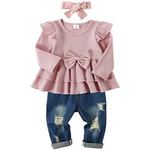 CARETOO Girls Clothes Outfits Cute Baby Girl Floral Long Sleeve Pant Set Flower Ruffle Top