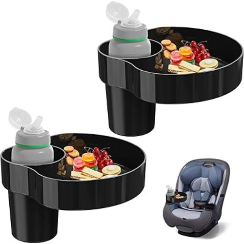 [2 Pack] Car Seat Snack Tray with Cup Holder - Universal Fit Toddler Travel Essentials for Mess-Free Road Trips, Accessory for Kids Car Seats & Strollers, Black