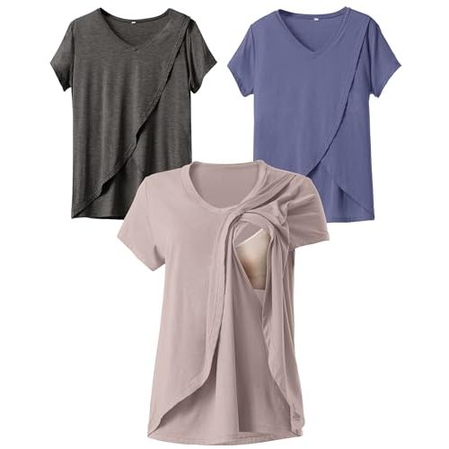 Rnxrbb V Neck Nursing Tops for Breastfeeding Tshirts Summer Postpartum Clothes Sets Short Sleeve 3 Pack Double Layer