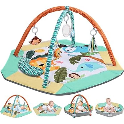 Baby Gym Play Mat, 8-in-1 Tummy Time Mat & Ball Pit with 5 Toys, Washable Baby Activity Play Mat for Visual, Hearing, Sensory, Motor Development, Baby Toys Gift for Toddler 0-3-6-9-12 Months