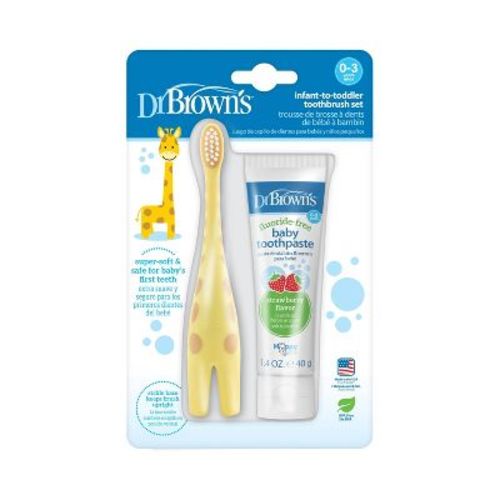 Dr. Brown's Infant-to-Toddler Training Toothbrush & Fluoride-Free Baby Toothpaste Strawberry Flavor - 0-3 years - Giraffe: Ethyl Alcohol-Free