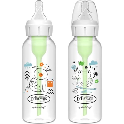 Dr. Brown's Natural Flow Anti-Colic Options+ Narrow Baby Bottle, Pig & Frog, 8 oz/250 mL, with Level 1 Slow Flow Nipple, BPA Free, 0m+, 2-Pack
