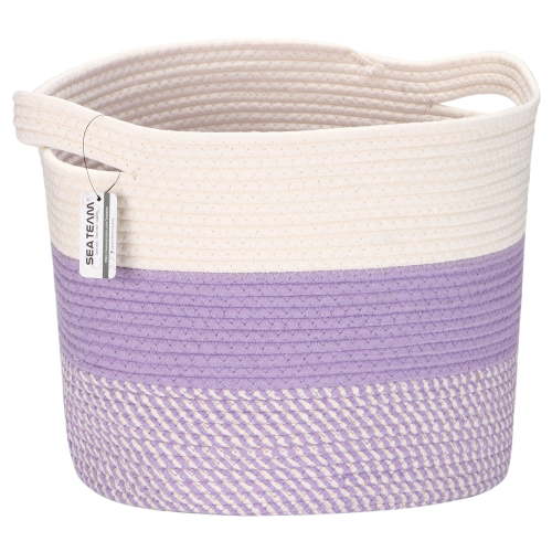 Sea Team Oval Cotton Rope Woven Storage Basket with Handles, 16 x 13 inches, White & Mottled Lavender