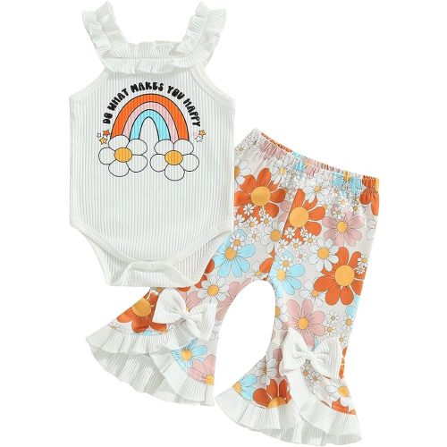 Thorn Tree Newborn Baby Girl Clothes Cotton Infant Romper Headband Shorts Play Wear Summer Rainbow Outfits - Bell Pants Rainbow Set - 3-6 Months